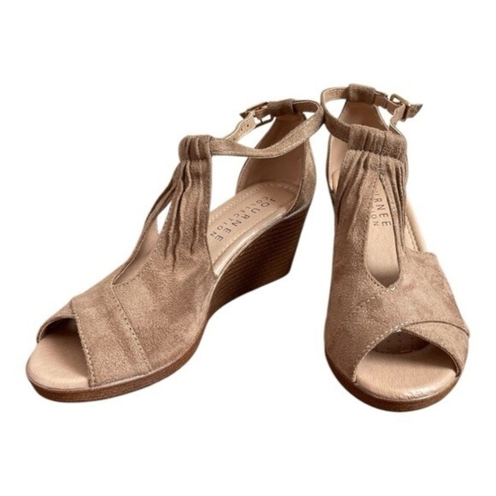 Journee Collection Kedzie Gold Tan Faux Suede Wedge Sandals Women’s Size 7 NWOB - Picture 3 of 9